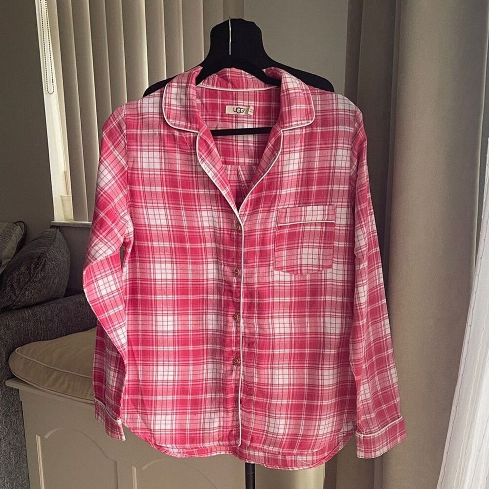 UGG pink white Plaid sleep lounge pajama shirt top M